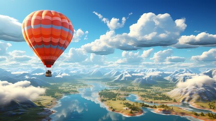 A top view of a hot air balloon floating amidst fluffy clouds against a vibrant blue sky, evoking a sense of adventure and wonder