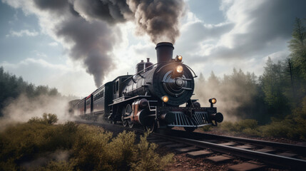Naklejka premium A vintage steam powered railway train in smoke. Steam locomotive with wagon drives in steam and smoke.