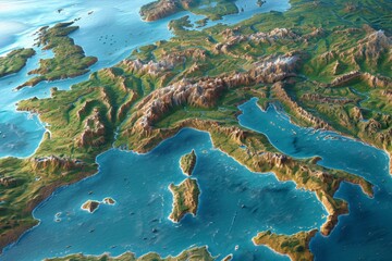 Top view of the Relief map of Europe. 3d illustration - obrazy, fototapety, plakaty
