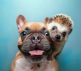 a hedgehog and her friend a french bulldog taking a selfie with a goofy smile  - obrazy, fototapety, plakaty