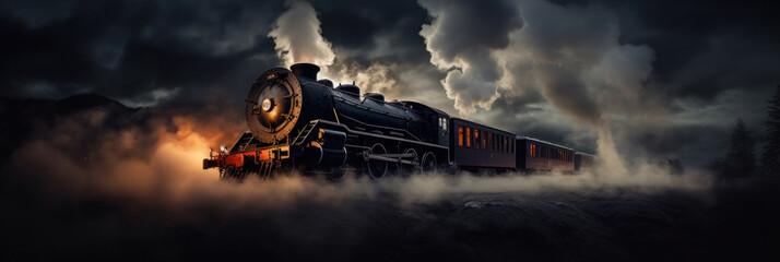 A vintage steam powered railway train in smoke. Steam locomotive with wagon drives in steam and smoke. - obrazy, fototapety, plakaty