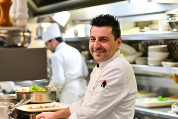 Fototapeta na wymiar Chef in restaurant kitchen preparing and decorating food, smiling. 