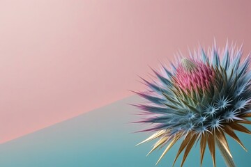 Eryngium-Inspired Flower on Pastel Pink and Blue Diagonal Bicolor Background