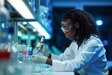 African american female researcher carrying out scientific research in a lab
 - obrazy, fototapety, plakaty