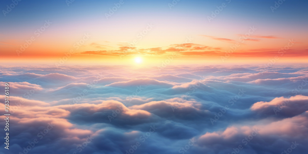 Wall mural Aerial view of Beautiful sunrise sky above clouds or fog with dramatic light at dawn.