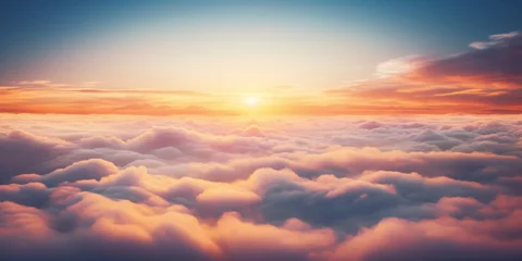 Papier Peint photo Matin avec brouillard Aerial view of Beautiful sunrise sky above clouds or fog with dramatic light at dawn.