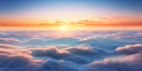 Obraz premium Aerial view of Beautiful sunrise sky above clouds or fog with dramatic light at dawn.