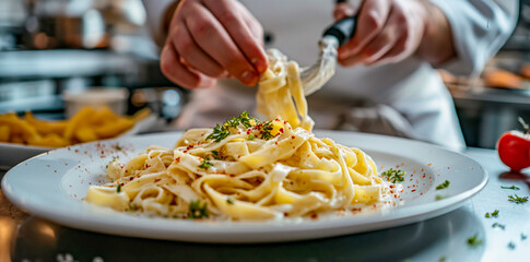 Chef Preparing Fettuccine Alfredo Pasta on a White Plate in a Professional Kitchen


