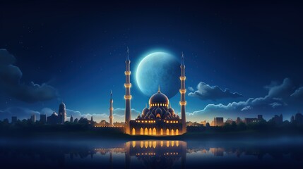 Illustration of Islamic mosque with dome and minarets at night. Eid Mubarak, Eid Al-Fitr and Ramadan Kareem concept background. - obrazy, fototapety, plakaty