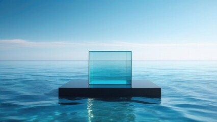 A glass square and rectangular podium on the water. Side view. A pedestal for advertising goods, cosmetics, and jewelry.