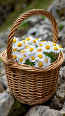 Fototapeta na wymiar Wicker Basket Filled With White and Yellow Daisies