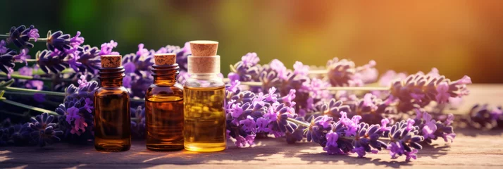 Schilderijen op glas An essential aromatic oil and lavender flowers, Relax, Sleep Concept. © Wararat