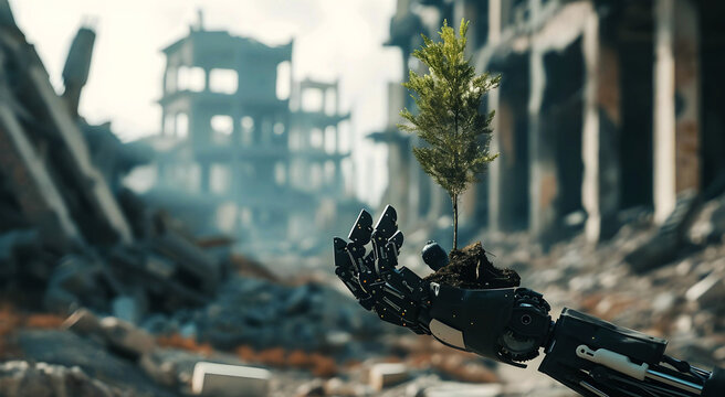 One robot hand holds a small plant. The background is the ruins of a city destroyed by war.