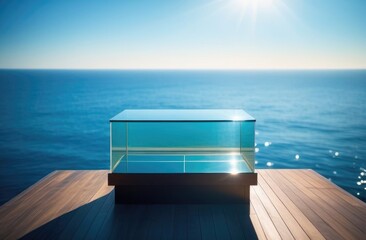 A glass podium, a box on a wooden surface against a background of blue sky and sea. A pedestal for advertising products.