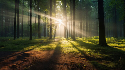 Obraz premium Beautiful forest with bright sun shining through the trees. Scenic forest of trees framed by leaves, with the sunrise casting its warm rays through the foliage.