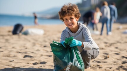 Young Volunteer Boy Smiling while Cleaning the Beach