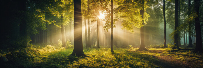 Obraz premium Beautiful forest with bright sun shining through the trees. Scenic forest of trees framed by leaves, with the sunrise casting its warm rays through the foliage.
