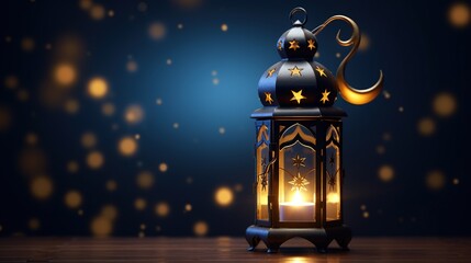 Islamic lantern with crescent moon and stars. Theme of Ramadan Kareem concept on a dark blue background. - obrazy, fototapety, plakaty