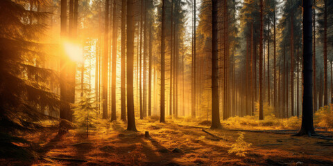 Beautiful forest with bright sun shining through the trees. Scenic forest of trees framed by leaves, with the sunrise casting its warm rays through the foliage.