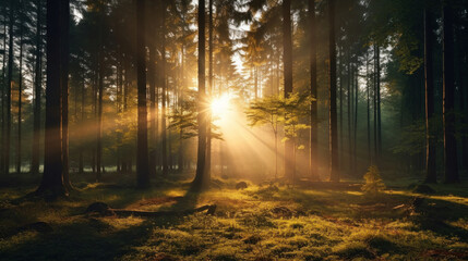 Beautiful forest with bright sun shining through the trees. Scenic forest of trees framed by leaves, with the sunrise casting its warm rays through the foliage.