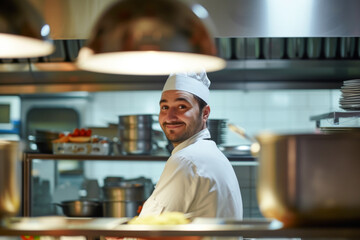 Fototapeta na wymiar Portrait of happy male chef standing in commercial kitchen and looking at camera