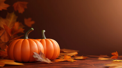 Naklejka na ściany i meble Pumpkins on isolated autumn background with autumn leaves