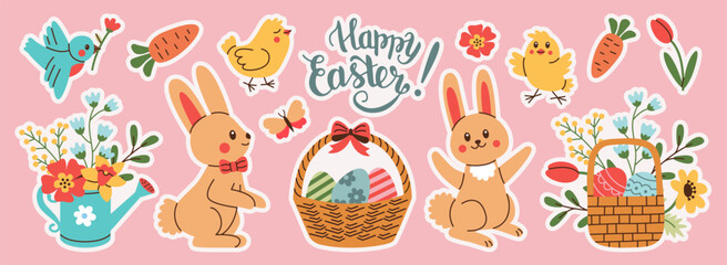 Stickers set of Easter and Spring design elements. Rabbit, eggs, chicken, butterfly, tulips, flowers, branches, basket.