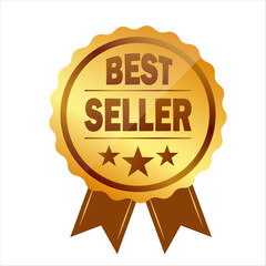 Vector illustration, golden sign with ribbons of Best Seller Assurance Label, Premium Product Seal, Excellence Guarantee, Certificated, for package design isolated on white background	
