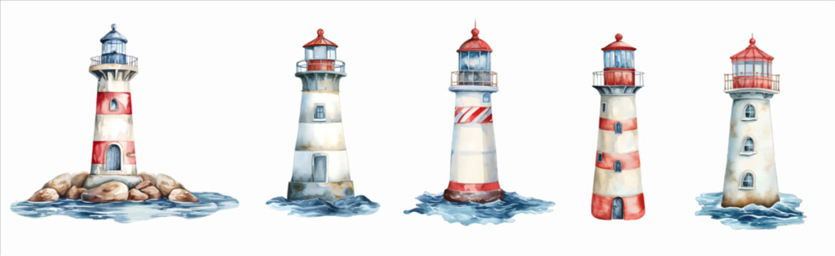 Set with four drawn lighthouses on the white background. Vector illustration.