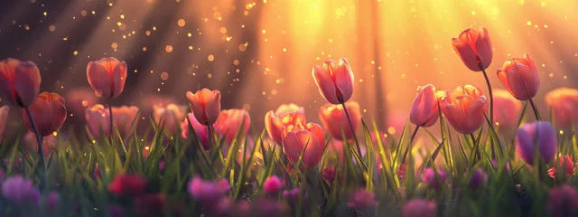 Foto op Plexiglas Close up of tulips in field, with sunray and flare and bokeh, flower background © Jusmin