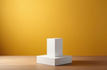 A white rectangular podium on a wooden surface on a yellow background.