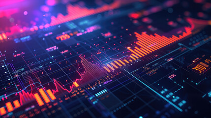 This financial dashboard offers a deep dive into economic indicators and finance metrics, highlighted by sophisticated ambient lighting and real-time data visualization. - obrazy, fototapety, plakaty