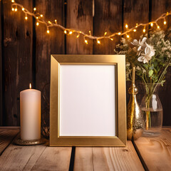 Vintage Golden picture photo Frame Mockup, wedding photography, on a rustic wooden table, bright airy style aesthetic, luxurious, front view