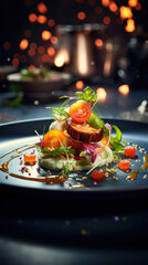 Chef to table, finely decorated delicious restaurant dish. Haute Cuisine Food.