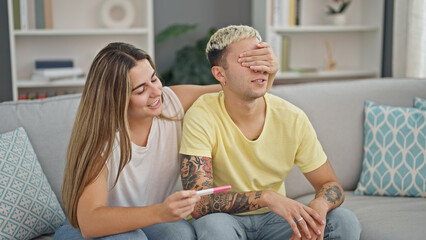 Beautiful couple surprise with pregnancy test at home