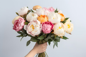 Female hand holding beautiful bouquet with fragrant peonies on light background