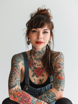 A portrait of a young woman with a distinctive and intricate array of tattoos covering her armsneckand visible parts of her bodyfeaturing a mix of styles ranging from traditional and tribal to contemp