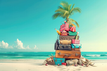 The perfect packing list with a huge pile of vacation essentials set against a beautiful beach background, ready for your next holiday.