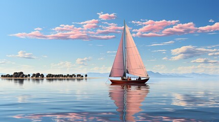 A top view of a sailboat gliding across calm waters against a clear sky blue background, embodying the serenity and tranquility of a summer day at sea