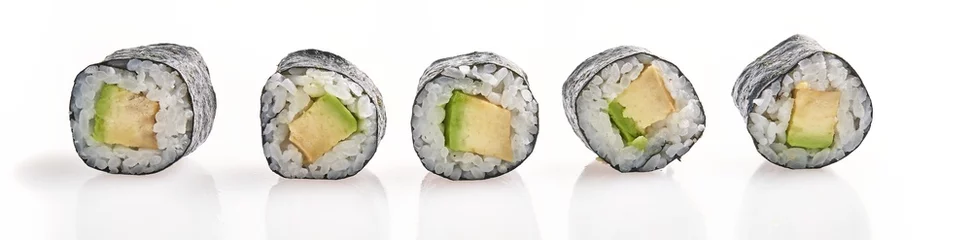 Fotobehang Five pieces of avocado sushi roll, aligned on a white background, display culinary simplicity and japanese cuisine. © Krakenimages.com
