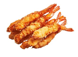 Golden fried shrimp isolated on a white background, perfect for culinary themes and seafood presentations.