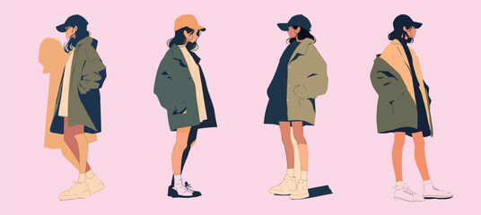Fashionable young women in winter coats. Vector illustration in flat style