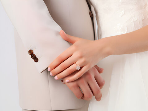 The entwined hands of a couple on their wedding day