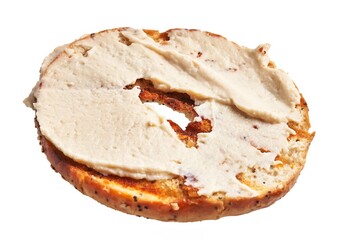 A half-eaten bagel with cream cheese isolated on a white background symbolizing breakfast, snacks, or quick meals.