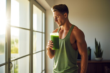 Healthy athletic man drinking green smoothie - obrazy, fototapety, plakaty