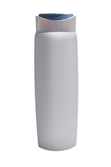 Isolated metallic travel mug with silver rim and blue lid on white background.