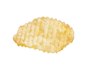 Single plain potato chip isolated on white background with visible texture and golden color.
