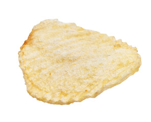 Close-up of a single, crisp potato chip isolated on a white background with visible texture and golden color.
