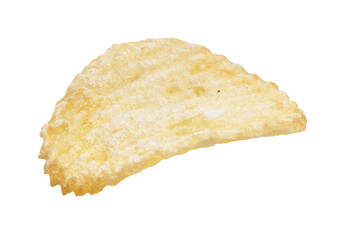 Close-up of a single crispy potato chip isolated on a white background, showcasing texture and color.