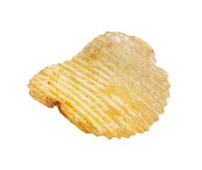 Close-up of a single ridged potato chip isolated on a white background, showcasing its texture and golden color.
